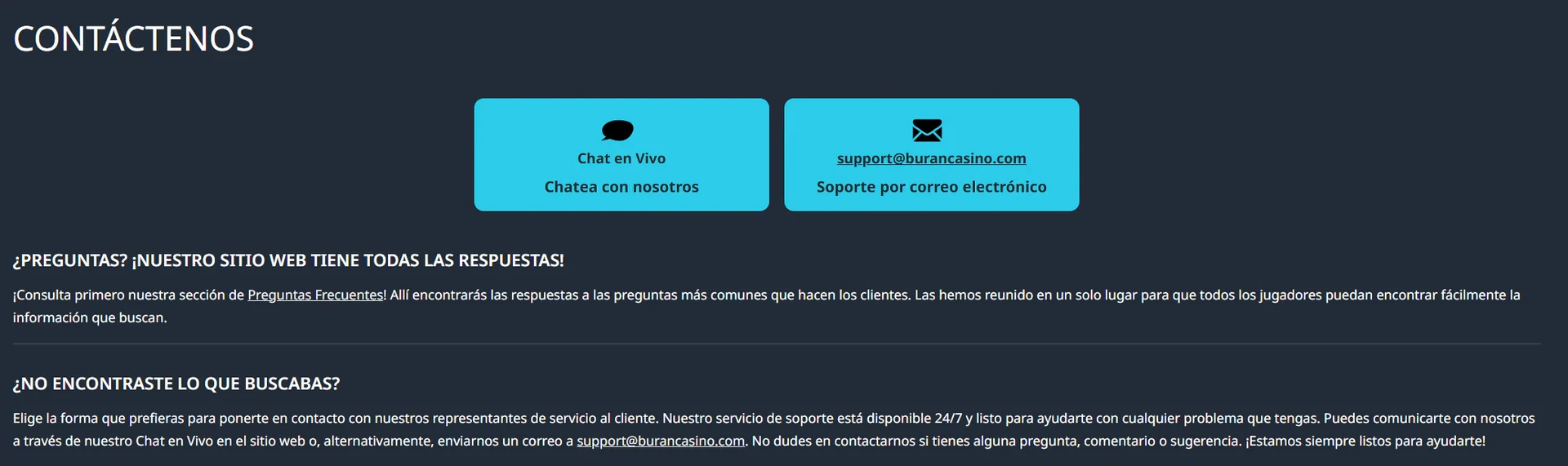 Página de contacto de Buran casino: chat en vivo y correo